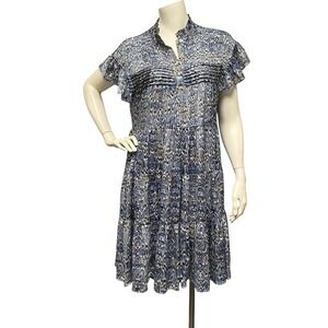 Muche Muchette One Size Ikat Tiered Ruffle Neck Dress Beachy MOP Button